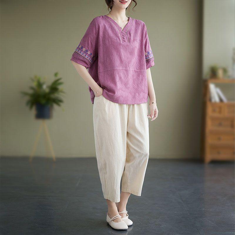 Retro summer fashion mom cotton and linen temperament loose and slim suit top