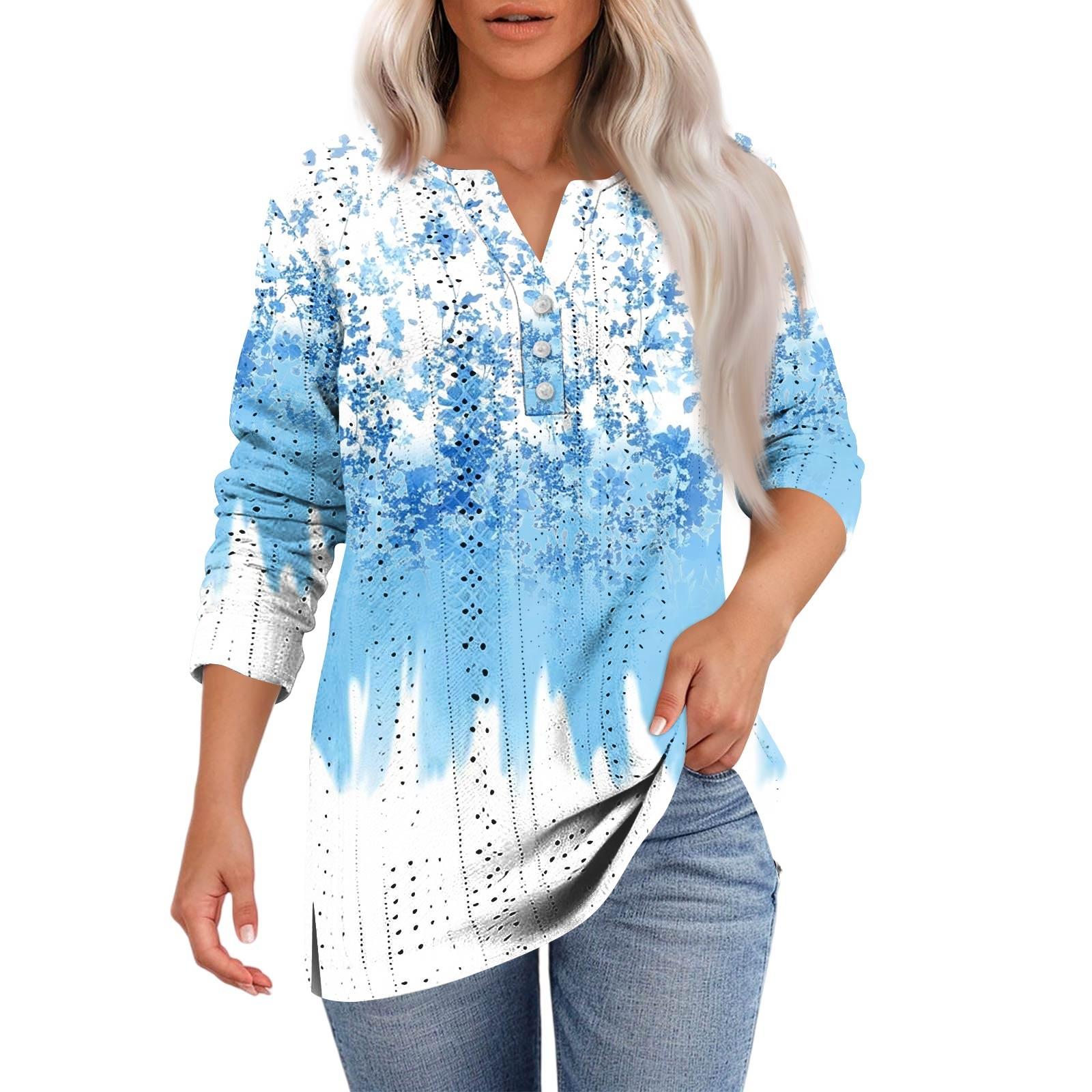 

Women s T Shirt Tee Print Button 3/4 SleeveDaily Weekend Fashion Basic V- Neck Regular Top XL небо синє кольору