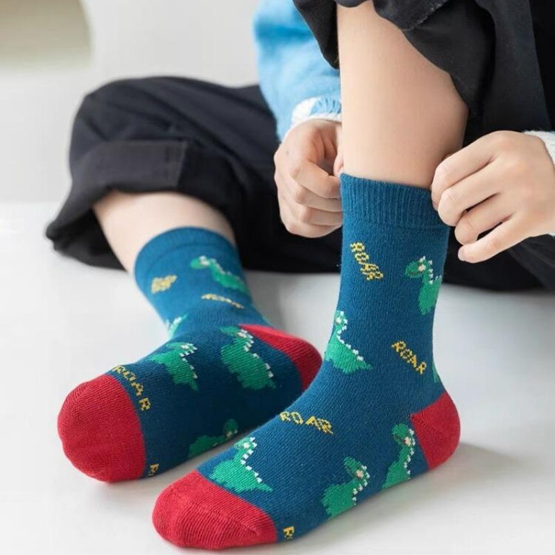 5 Pairs Autumn Winter New Style Children's Socks Mid-high Long Dinosaur Cartoon Design Boys Girls Baby Cartoon Socks Wholesale