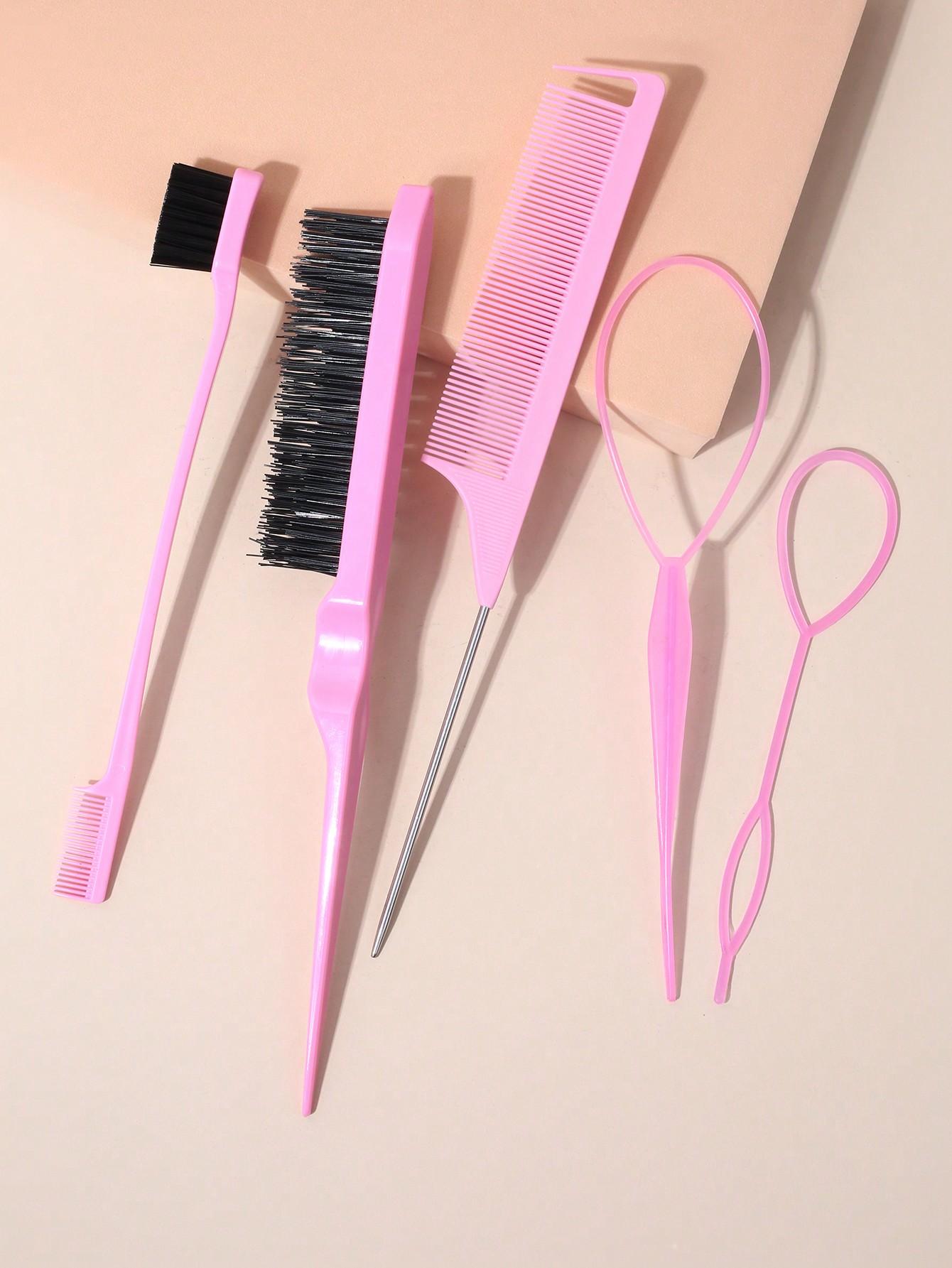 

5Pcs Hair Styling Comb Set With Topsy Tail Tool, Teasing Bristle, Rat Comb For Women Women Hair Styling, Flyaways Control And Edge Combing розовый
