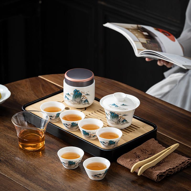 High-grade Suet Jade White Porcelain Kung Fu Tea Set Cover Bowl Teacup Travel Tea Set Household Gift Box Gift