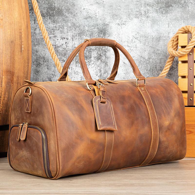 Malun Te Men's Genuine Leather Travel Duffle Bag with Shoe Compartment