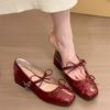 French Bow Square Head Mary Jane Shoes Women's 2025 Spring New with Skirt Evening Single Shoes Thick Heel Small Leather Shoes