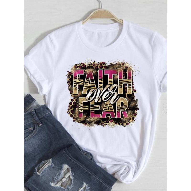 (European Size) Cute Women Tee Faith Letter Style Top Short Sleeve Fashion Print Lady Clothing Casual  T-shirt Female Graphic T-shirts