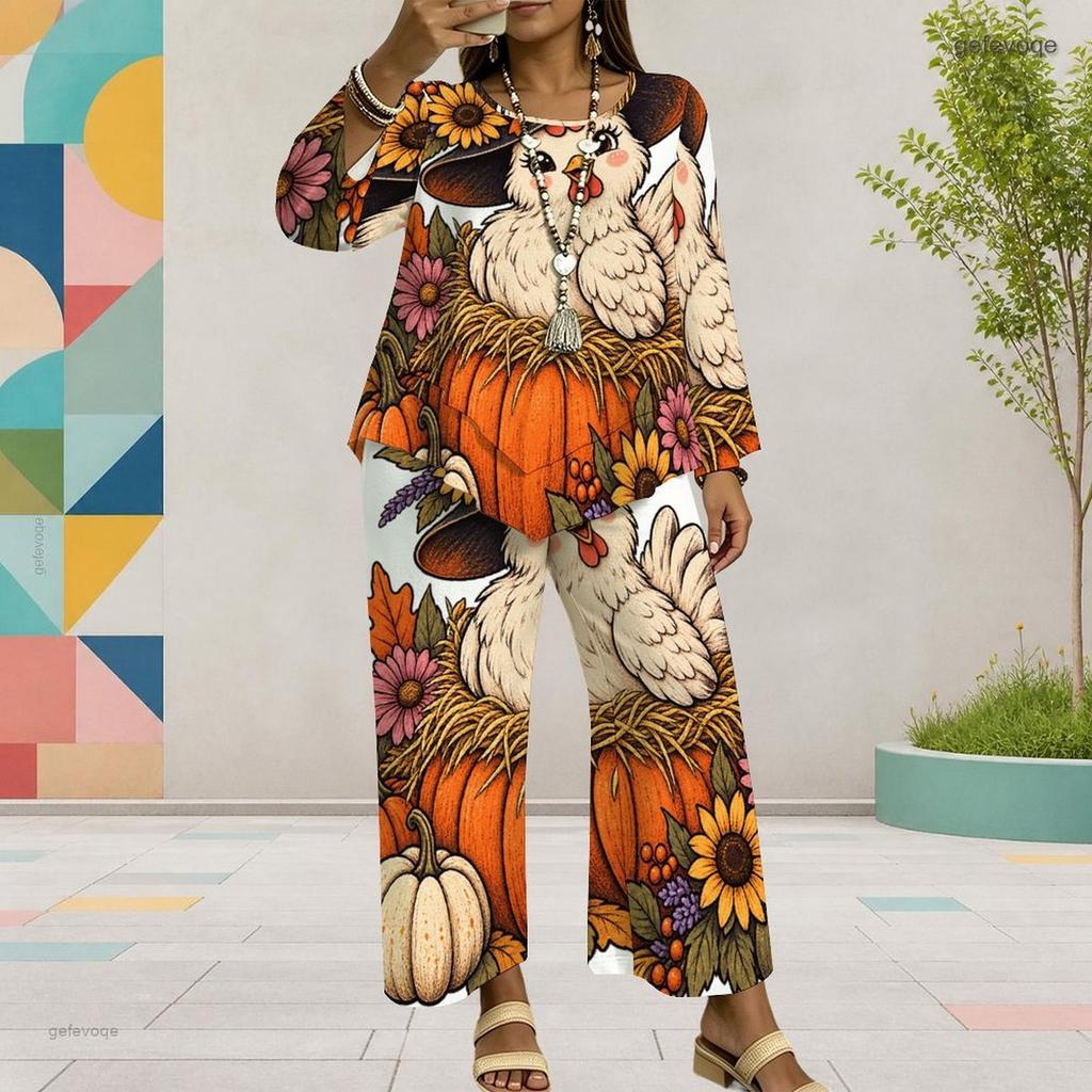 Women Plus Size Printed Round Neck Long Sleeve Layered Top Wide Leg Cropped Pants Two Piece Set