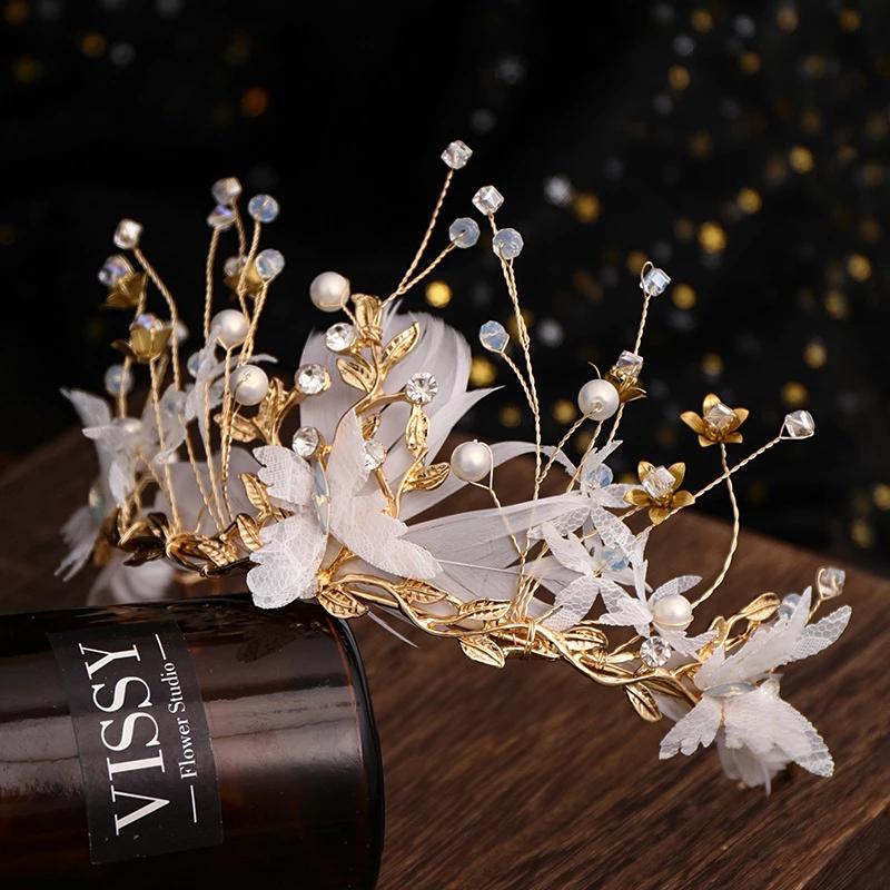 Fashion Gold Wedding Butterfly Headband Bohemian Headpiece Crystal Pearl Hair Vine Flower Halo Bridal Hair Accessories