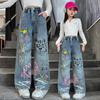 Girls' Stylish Graffiti Wide-Leg Denim Jeans - Spring & Autumn Street-Style Loose Fit for Big & Middle Kids