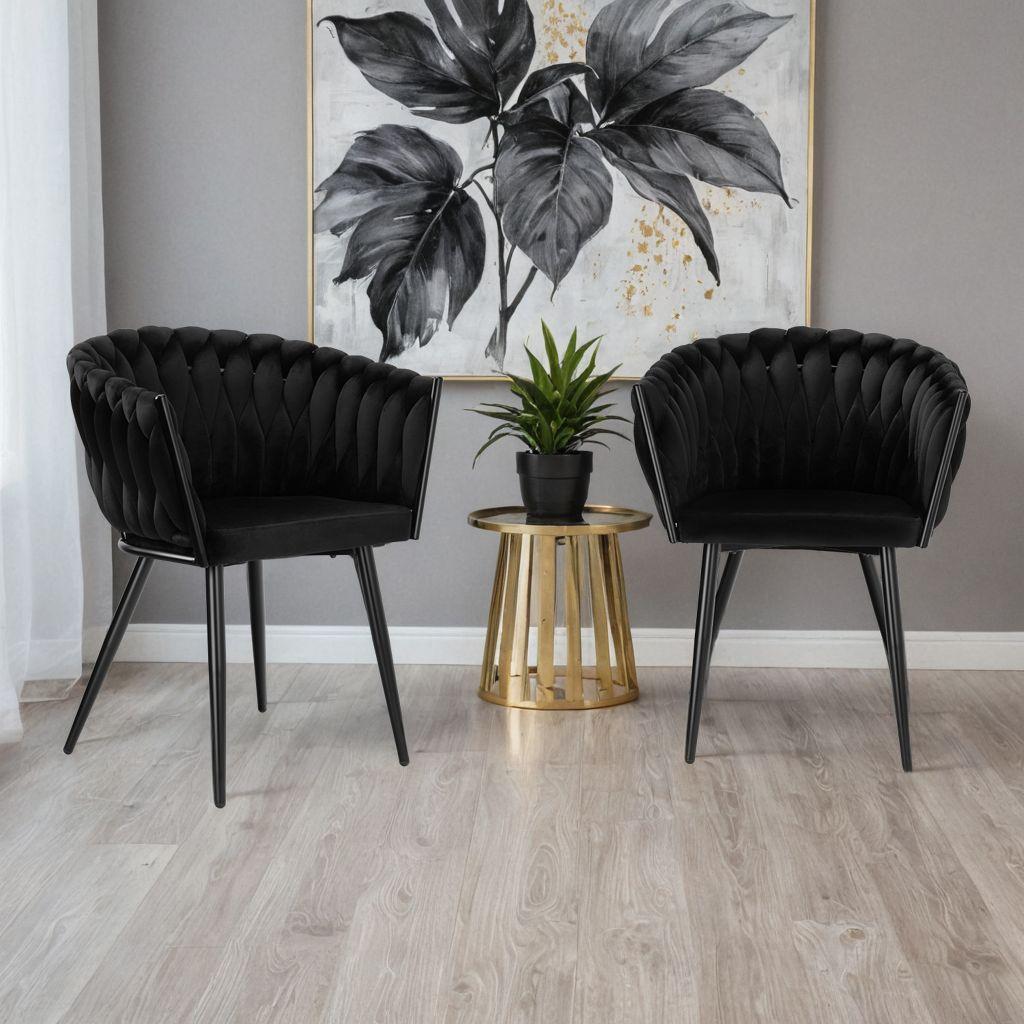 Upholstered Chair Velvet Glamour Woven Metal Legs Black