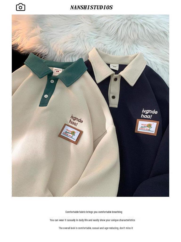 Męska koszulka polo wafelkowa w stylu vintage retro - luźny krój, kołnierzyk z klapami, na wiosnę/jesień, styl unisex