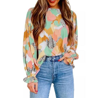Rahat Puf Uzun Kollu Şifon Bluz Bahar Vintage Soyut Baskılı Gömlek Moda Gevşek Yuvarlak Boyun Blusas De Mujer Tops 25144