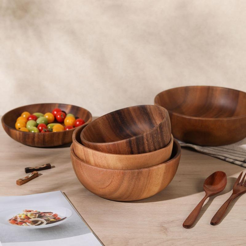 Acacia Wooden Bowl Japanese Style Wooden Tableware Household and Basin Fruit Plate Salad Whole Soup Bowl Wooden Bowl