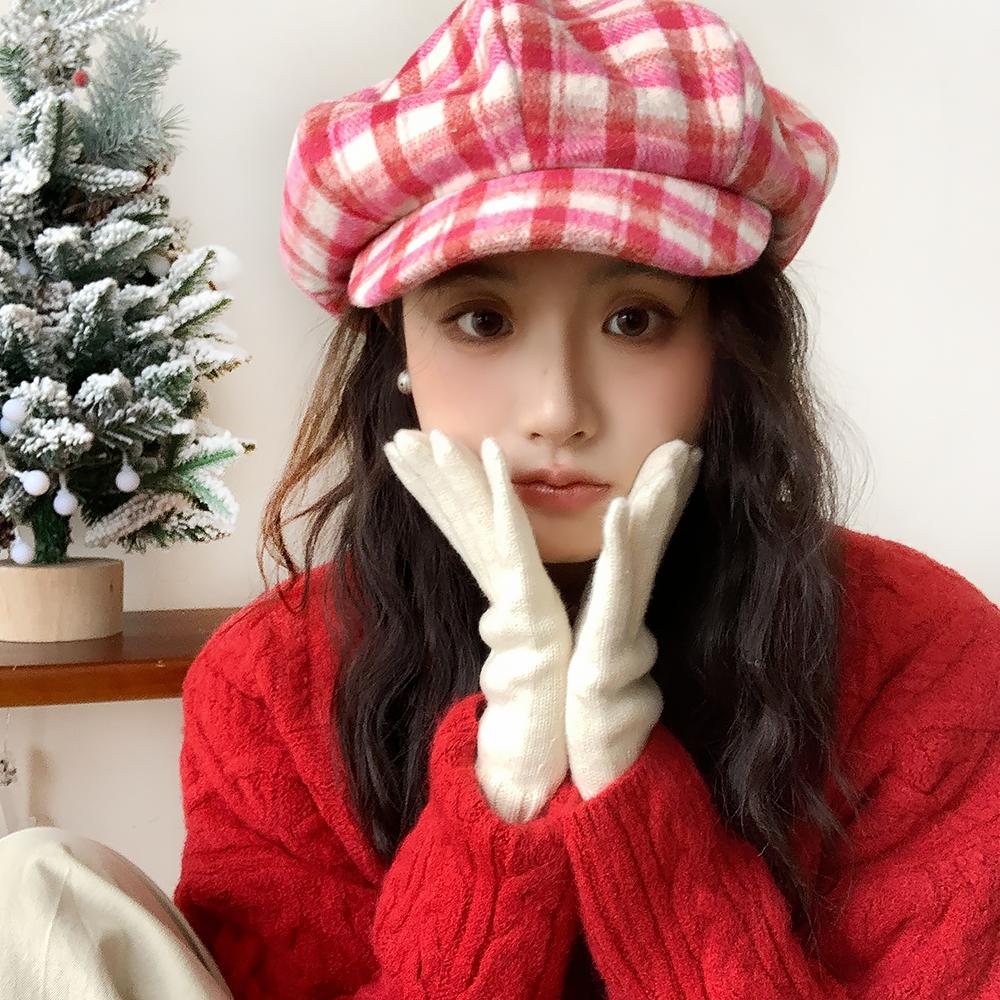 Woolen plaid beret women's autumn and winter face small cloud hat literary versatile octagonal hat newsboy painter hat