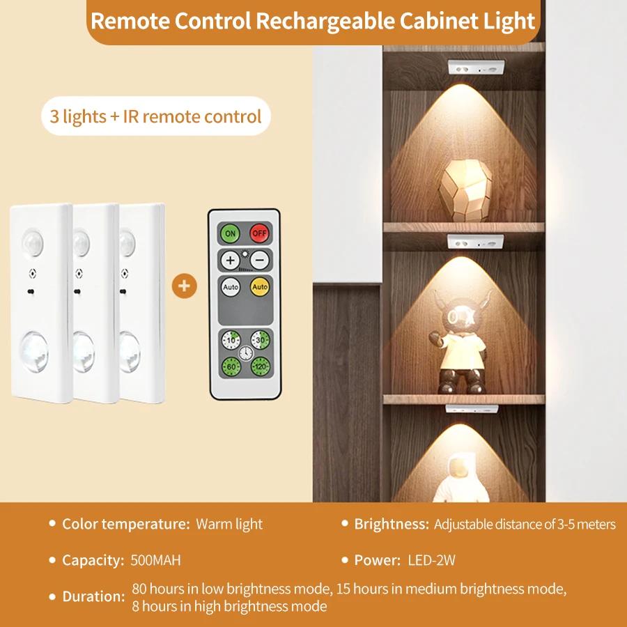 Motion Sensor LED Night Light With Remote Control Rechargeable Under Cabinet Lamp Dimmable For Wardrobe Bedroom Kitchen Lighting