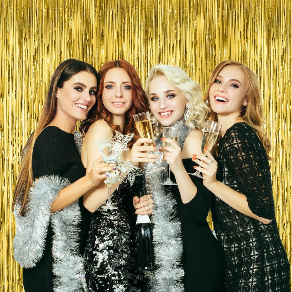 3 Pack 3.3x8.2 Feet Gold Foil Fringe Backdrop Curtains, Tinsel Streamers, Fringe Backdrop for 2025 New Years Eve, Graduation, Birthday, Baby Shower,