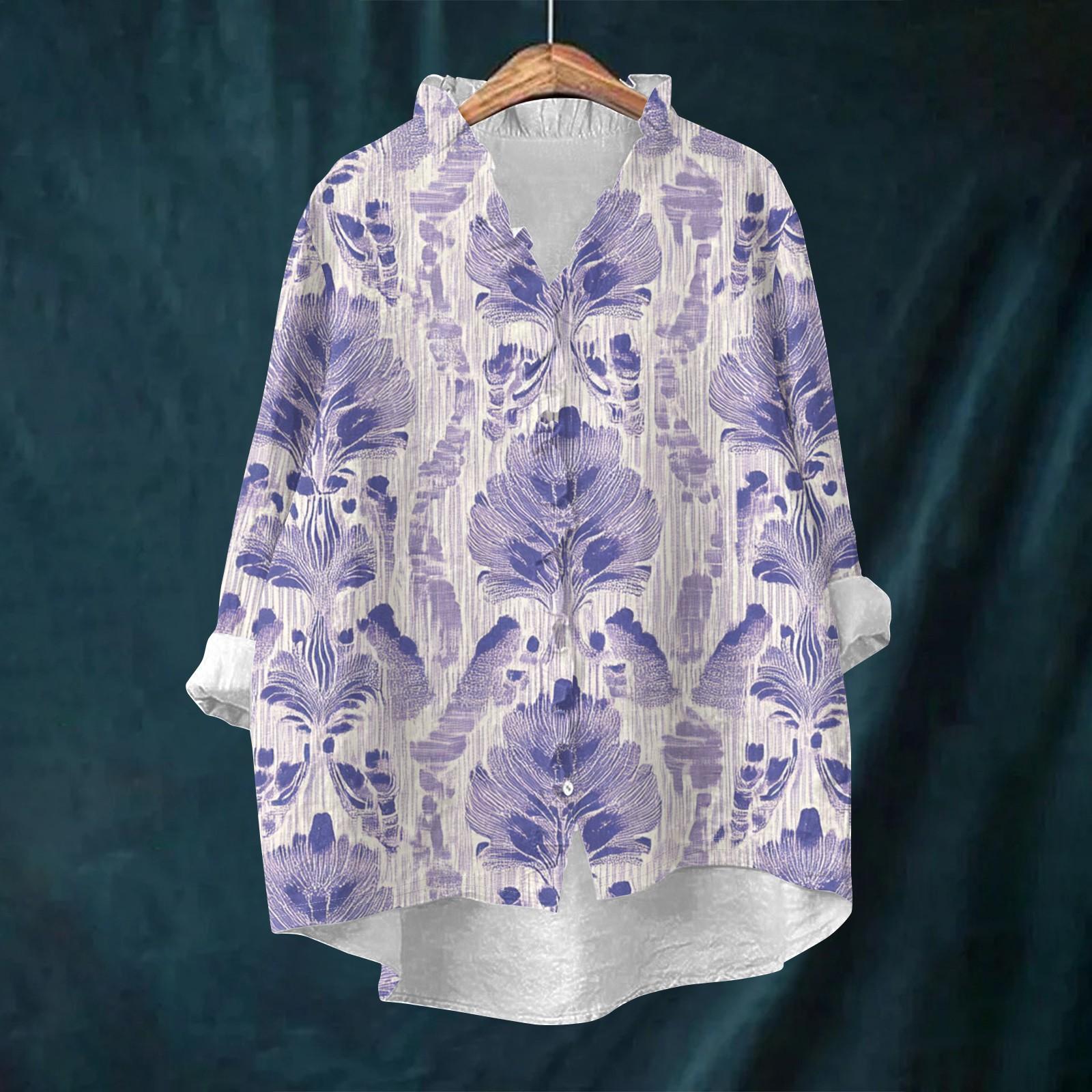 

Women s Loose Ruffled Retro Floral Print Stand Collar Long Sleeve Cotton And Linen Top M фіолетовий