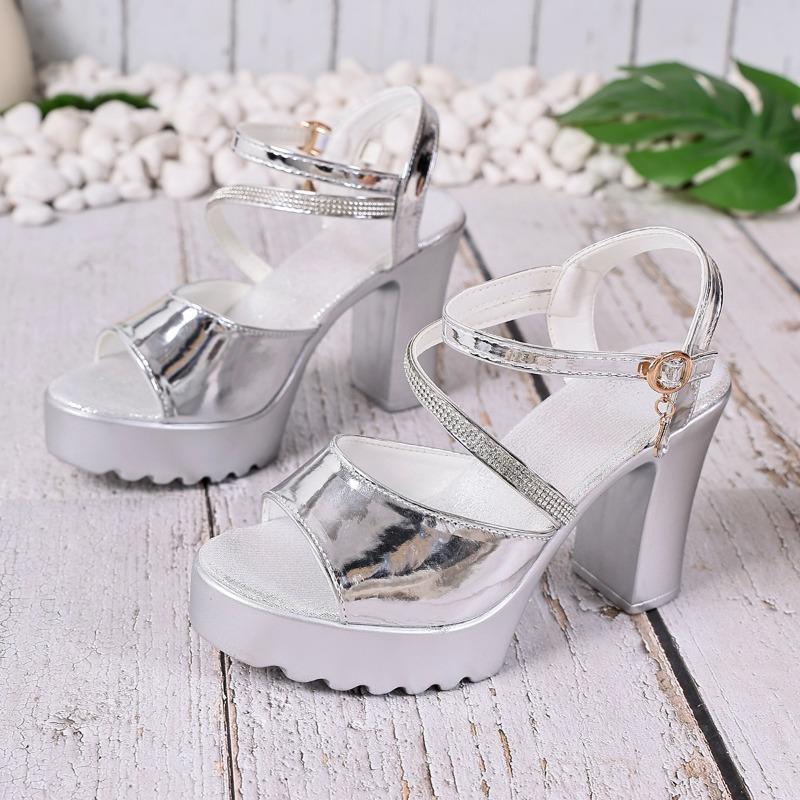 

Fish Mouth High Heel Sandals Summer New Round Toe Open Toe One Strap Platform Block Heel Shoes 35 серебряный