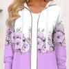 Women Autumn Winter Hooded Coat Flower Print Zipper Closure Long Sleeve Thick Warm Drawstring Color Matching Loose Soft Elastic Cuff Lady Jacket
