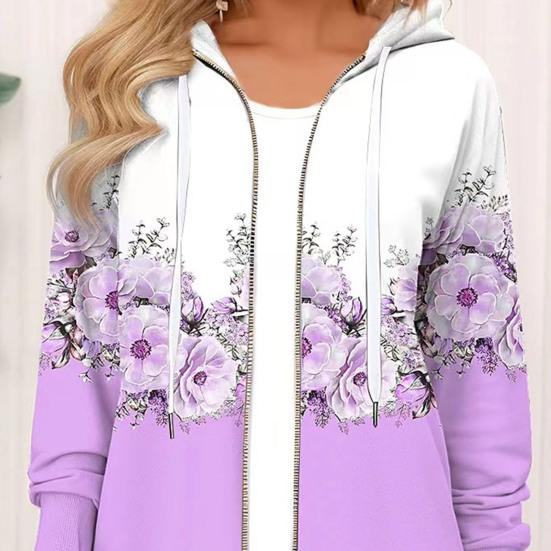 Women Autumn Winter Hooded Coat Flower Print Zipper Closure Long Sleeve Thick Warm Drawstring Color Matching Loose Soft Elastic Cuff Lady Jacket