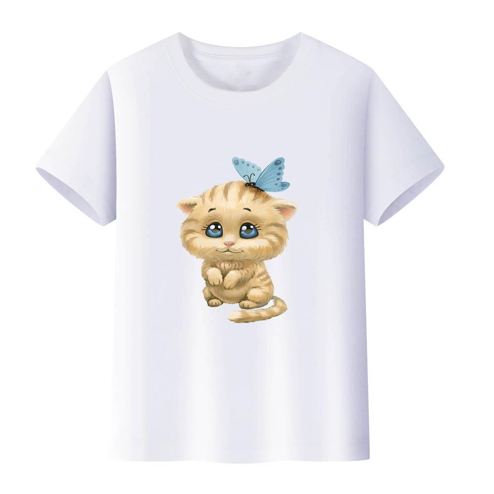 100% Cotton Girls' T-shirt Cute Cat and Penguin 2D Print Short-sleeved Casual Top for Children, Suitable for Both Boys and Girls