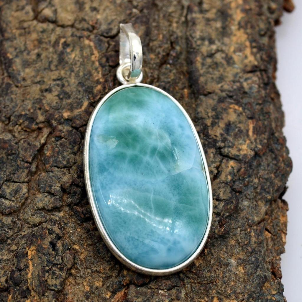 Natural Larimar Gemstone Women Pendant 925 Sterling Silver Handmade Solid Jewelry