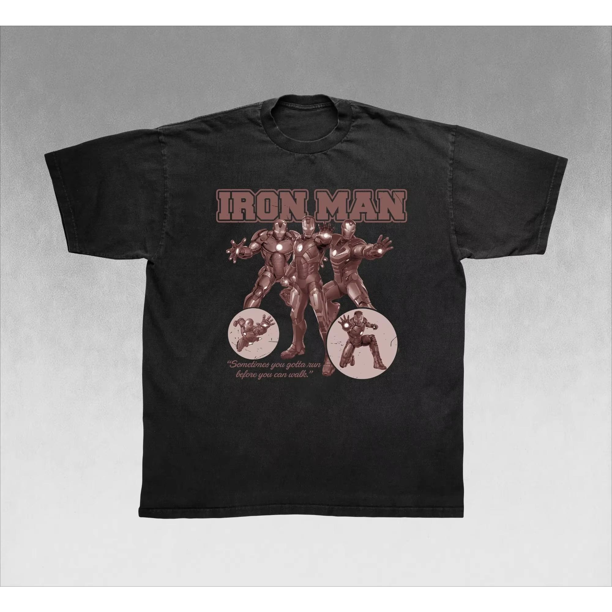 

Retro Iron Man Tony Stark Graphic Tee Men Vintage Marvel Superhero Print TShirt Washed Oversized Hip Hop Harajuku Cotton Tops M