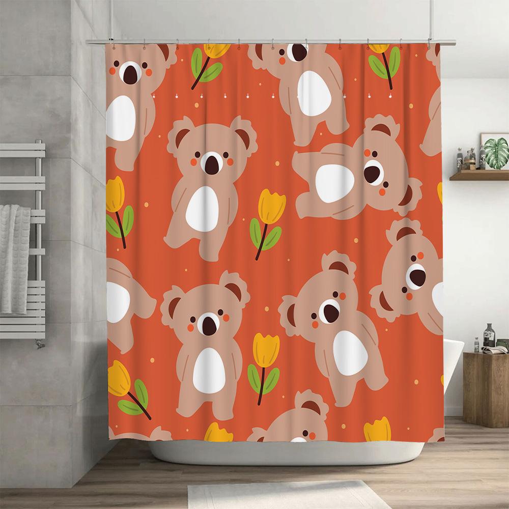 Cozy Cartoon Animal Print Shower Curtain for Bathroom Decor Orange Teddy Bears Tulips Design