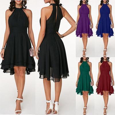 Women's Fashion Summer Solid Color Cutout Back Layered Sleeveless Chiffon Party Evening Dresses Plus Size S-5XL