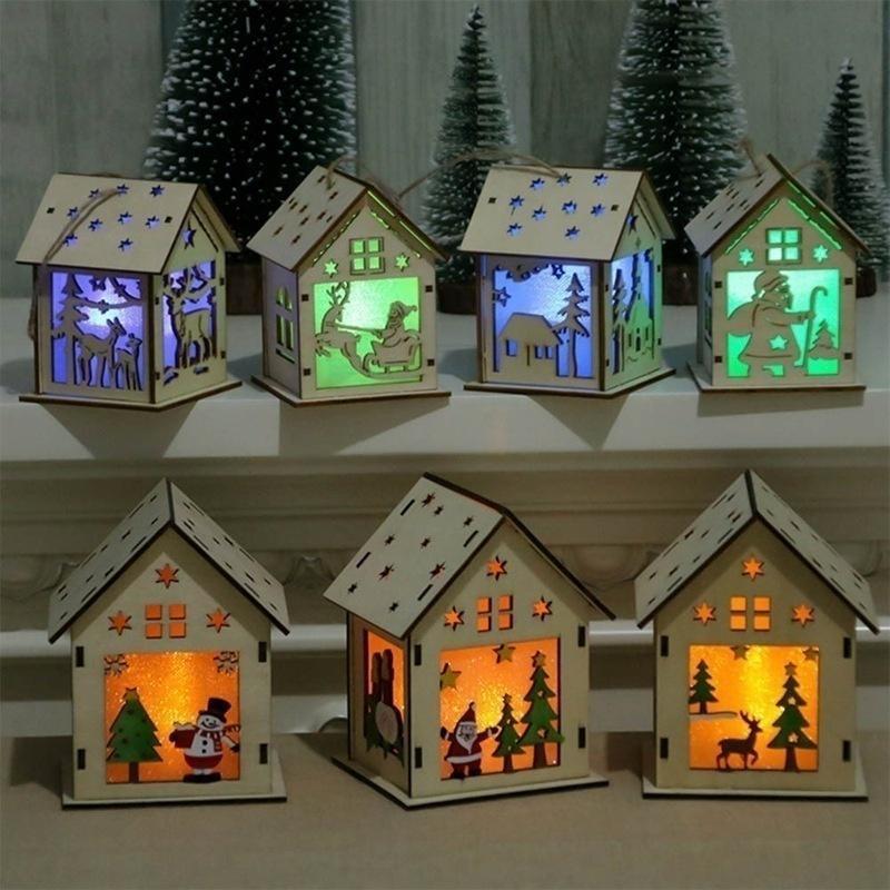 New Christmas Led Light Wood House Cute Christmas Tree Hanging Ornaments Holiday Decoration