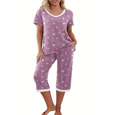 Women'S Casual Star Print Pajama Set - V-Neck Short Sleeve Top & Shorts with Pockets, Polyester Blend, Perfect for Spring/Summer,Relaxed Fit Pajamas