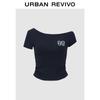 UR 2025 Herbst Damen Digitalmuster Falten schräger Schulter schmal T-Shirt