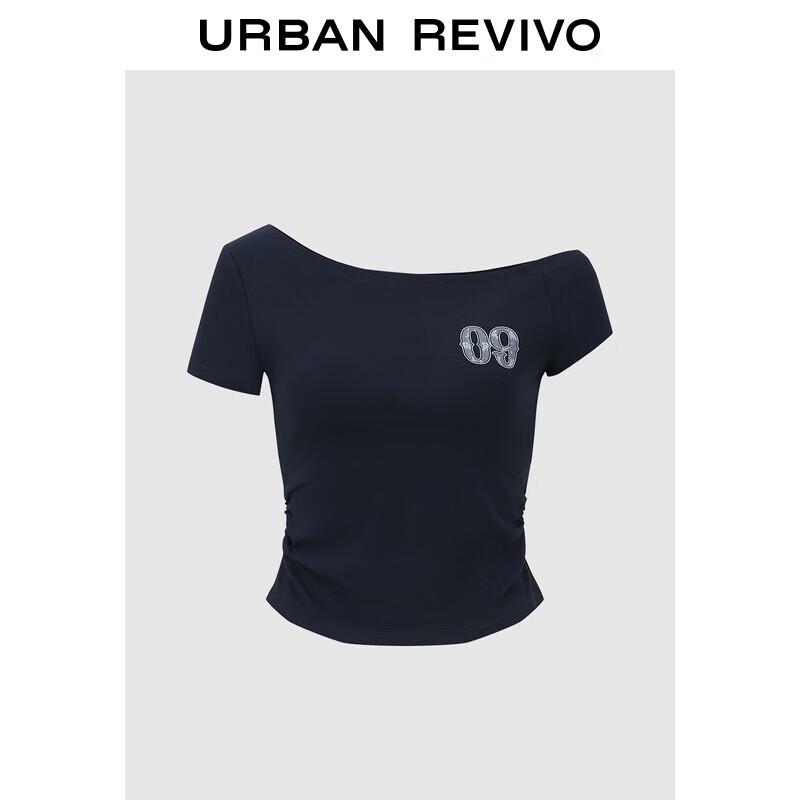 UR 2025 Autumn Women s Digital Pattern Pleated Oblique Shoulder Slim T-Shirt L