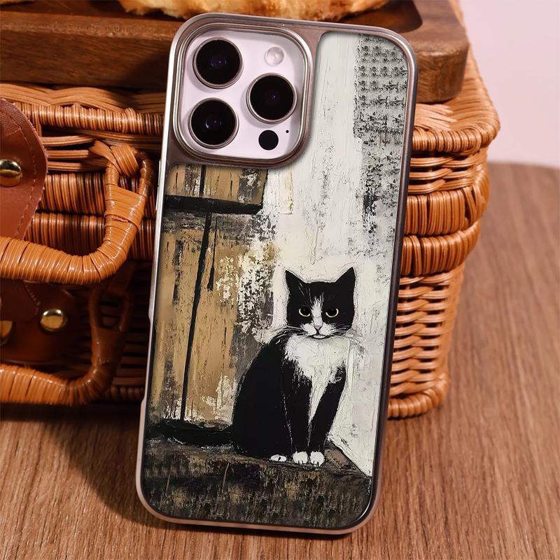 Oil painting cow cat suitable for IPhone16/17pro mobile phone case 14 matte PC15 electroplating 12 large holes 13 hard case