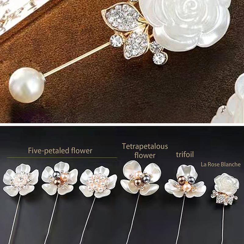 Imitace perly, brož Kamélie květina pro ženy Bílá květina Kytice z okvětních lístků Dlouhá jehla Košilový límec Lapel Pin Dárek