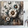 Vintage Shower Curtain, Rustic Farmhouse Design of Chamomiles with Butterfly and Curlicue Leaves, Cloth Fabric Bathroo