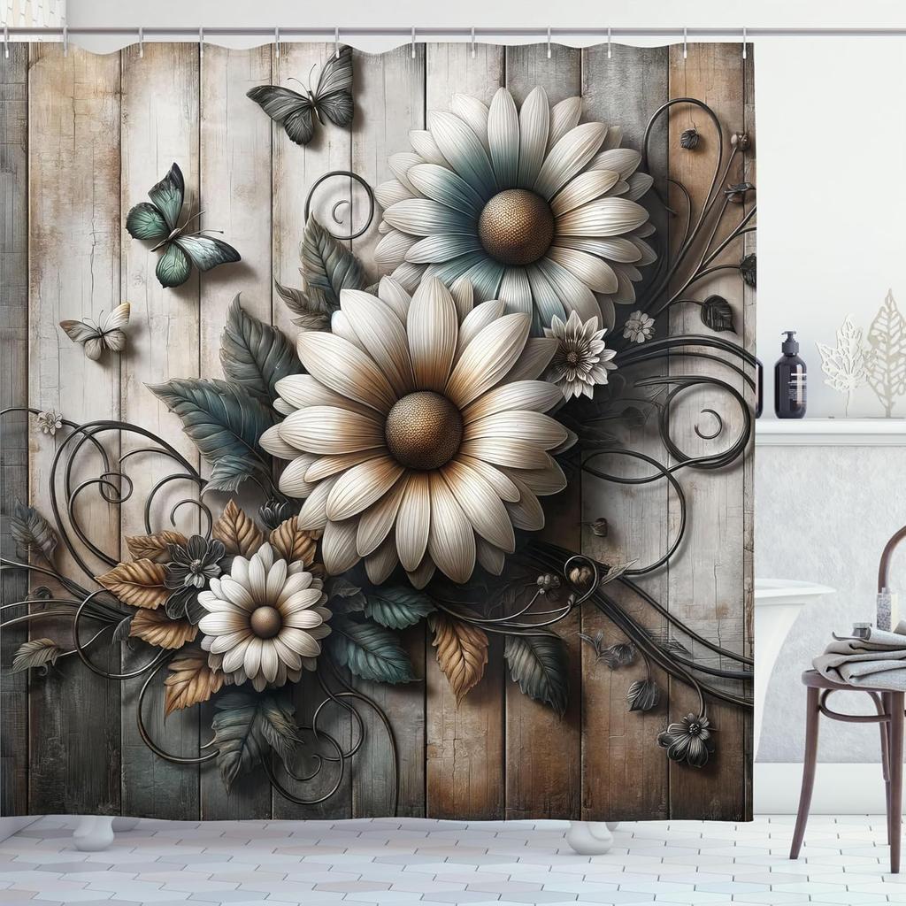 Vintage Shower Curtain, Rustic Farmhouse Design of Chamomiles with Butterfly and Curlicue Leaves, Cloth Fabric Bathroo