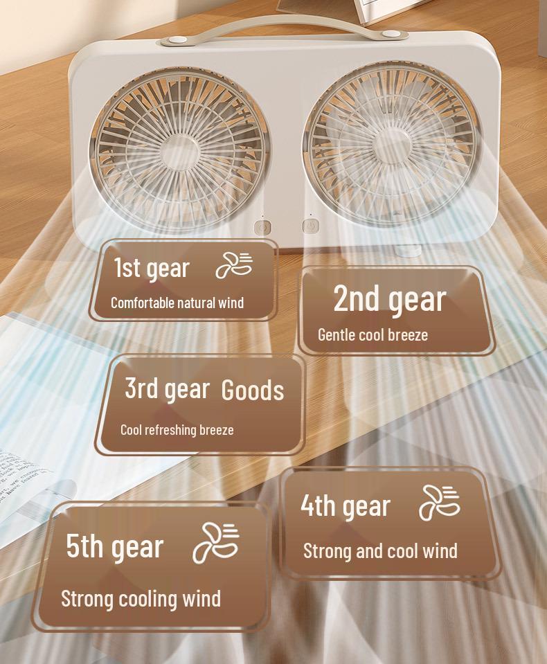 Dual-Head Desktop Fan: Five-Speed, High Airflow, Independent Control, Long Battery Life for Office & Home Use