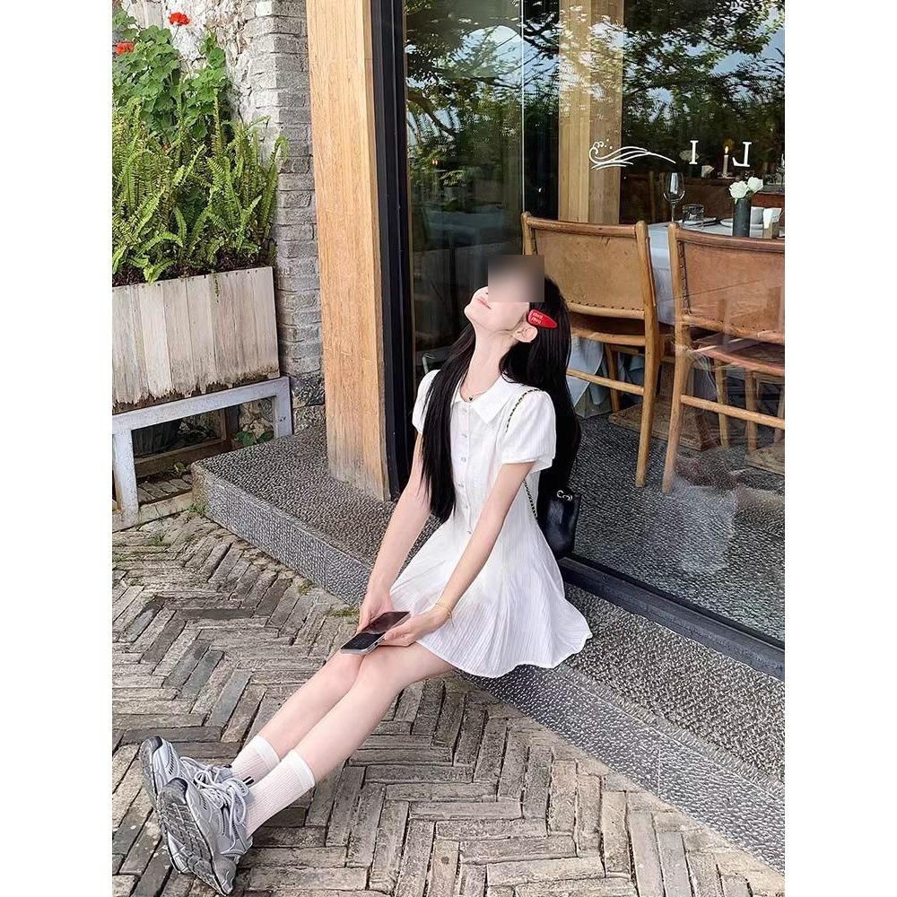 Song Jong-un's collegiate style white puff sleeve shirt dress female summer temperament waist small man sweet short skirt