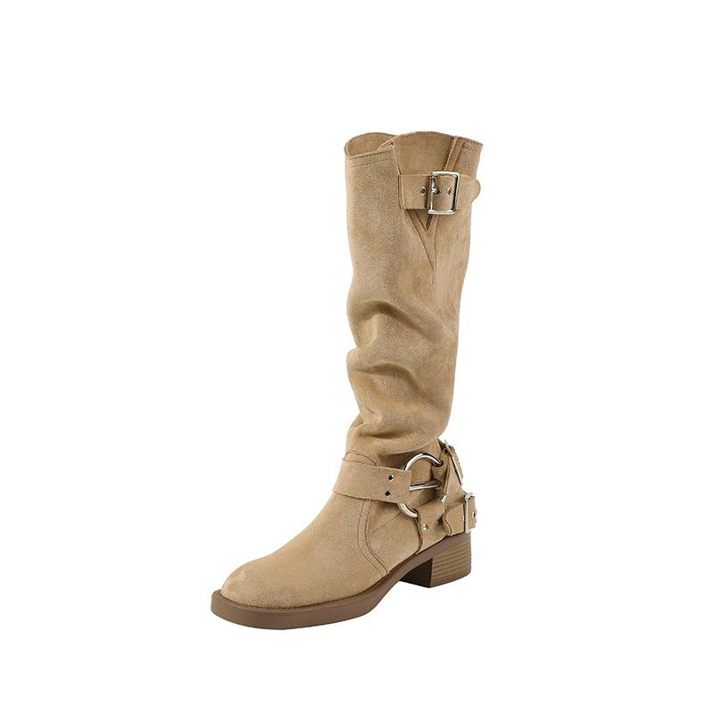 Boucle de ceinture en métal marron vintage pliable haut de gamme pour femme Bottes de cowboy western Carré Talon haut Bottes longues Mode Bottes de chevalier