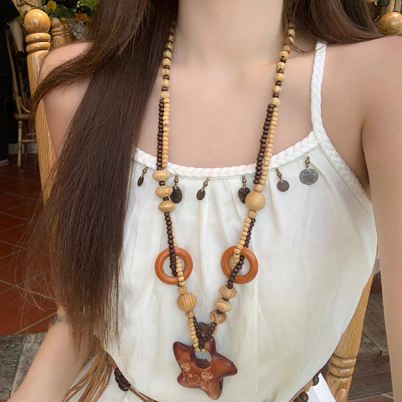 Bohemian Wood Beads Beaded Acrylic Star Moon Pendant Necklace Retro Elegance Versatile Necklace