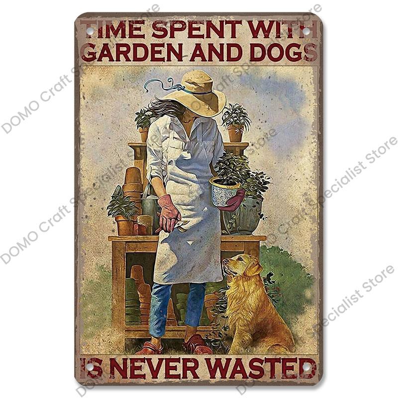 Gartenplaketten, Vintage-Metallblechschilder, Katze, Hund, Sonnenblumen, Mädchen, Metallplatte, Blumenladen, Herrenhaus, Wohnzimmer-Wanddekoration