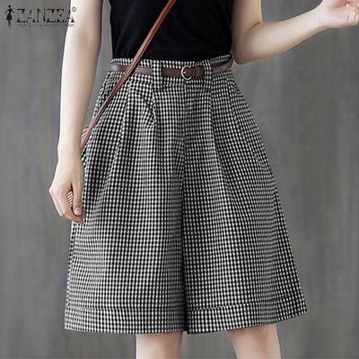 Women Casual Elastic High Waist Loose Plaid Print Shorts