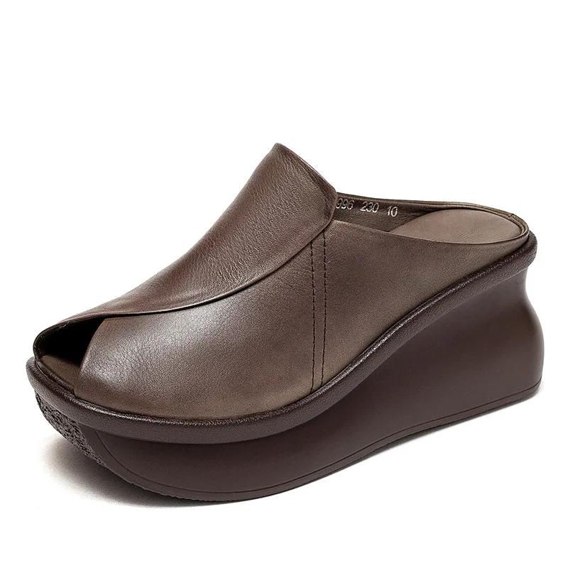 Fashion 7CM Wedges Heel Slippers Women Summer Slip On Fish Mouth Cow Genuine Leather Slippers Height Increasing Platform Casual Slides