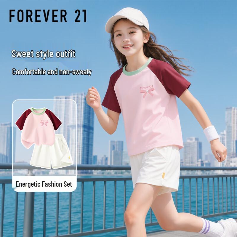 FOREVER21 Girls Summer Cotton Short Sleeve T-Shirt & Shorts Set 140