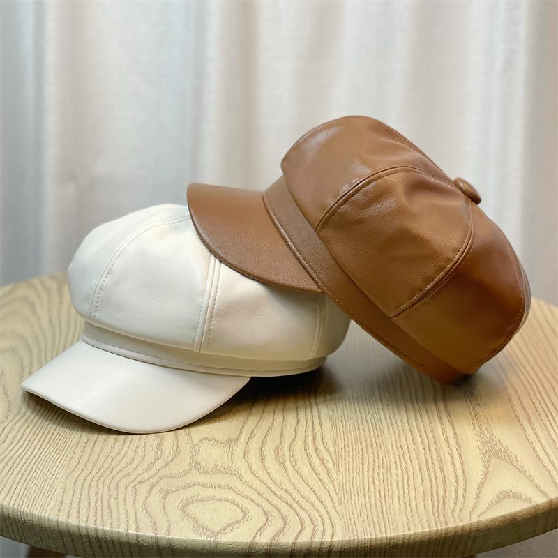 Autumn and Winter Women's Big Head Octagonal Hat Leather Painter's Hat Korean Version PU Large Peaked Cap British Versatile Beret Men's Winter