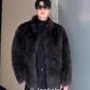 Herren Schwarz Kunstpelzmantel Stehkragen Flauschige Warme Jacke
