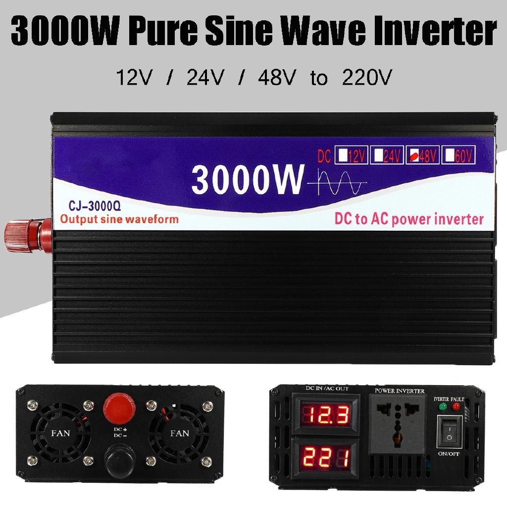 

Преобразователь напряжения 3000 Вт Инвертор питания с чистой синусоидой + Двойной ЖК-дисплей Черный