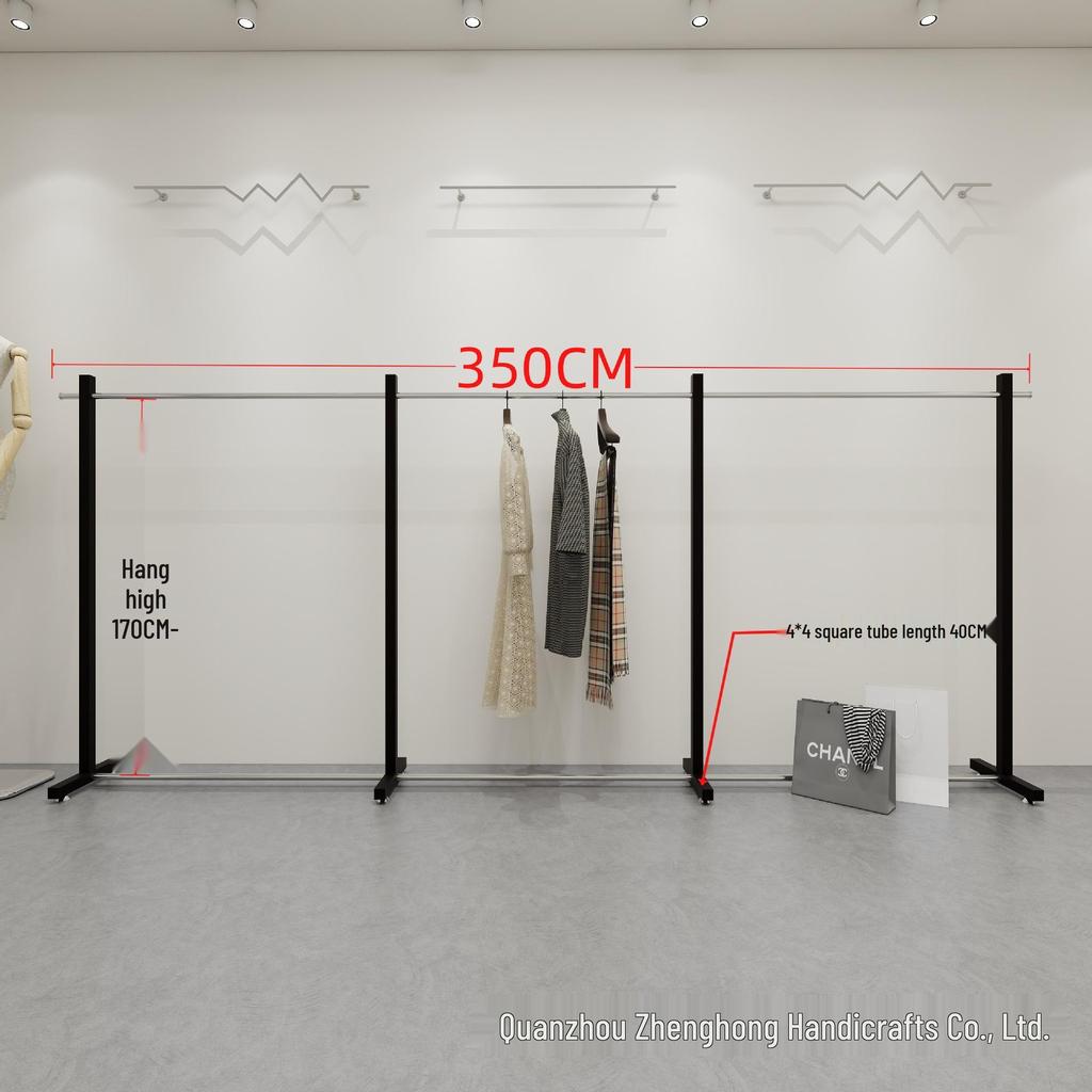 Black Stainless Steel Floor-Standing Garment Display Rack for Women's Clothing Store