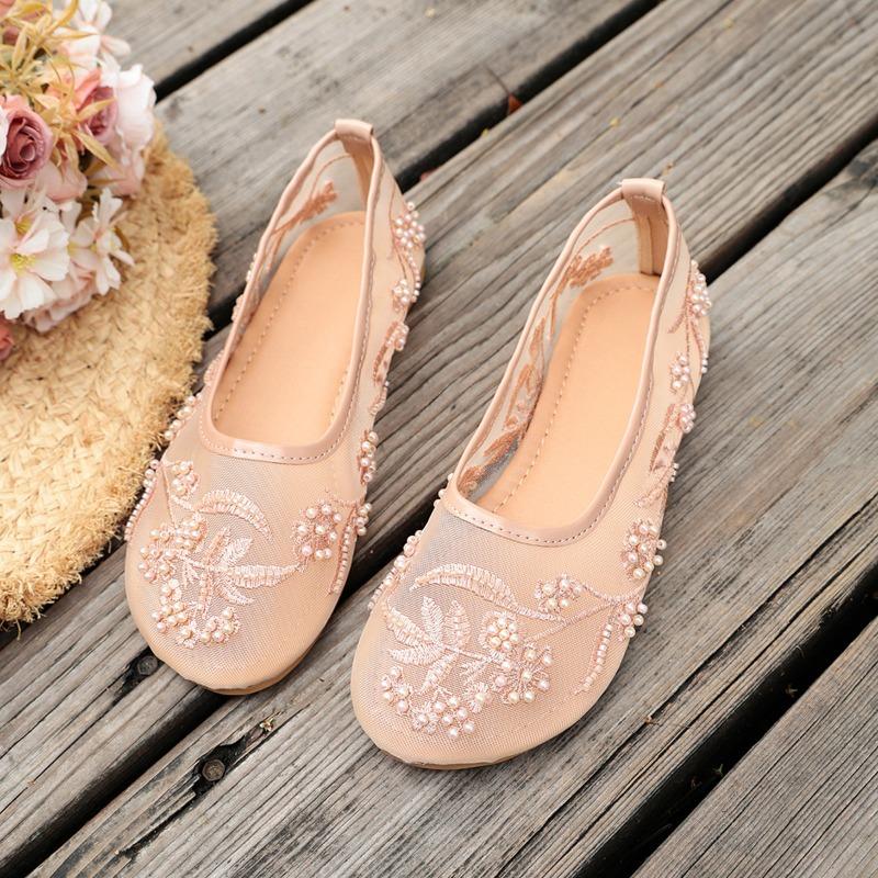 Women's Breathable Embroidered Mesh Flat Slip-On Shoes With Pearl Detail, Soft-Soled Casual Comfort Footwear.