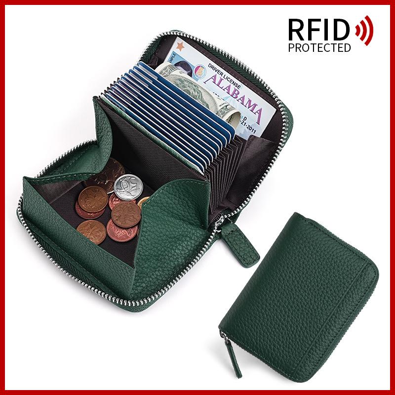 Japanese Style Cowhide RFID Card Wallet, Accordion Multi-Slot Anti-Skimming Zipper Genuine Leather Card Holder for Daily Use