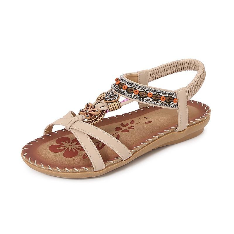 Women Bohemian Beaded Flat Sandals Ethnic Style Elastic Back Strap Sandals